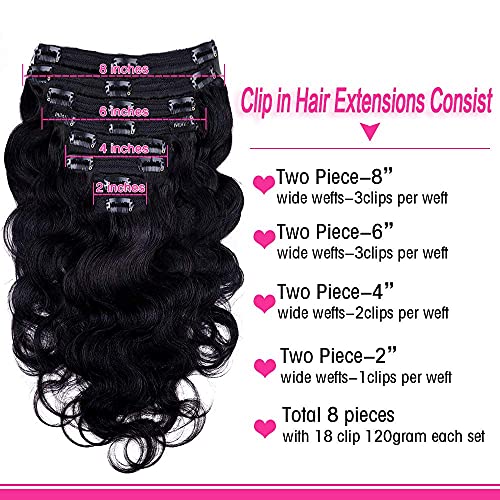 Body Wave Clip In Hair Extensions For Black Women Body Wave Human Hair Clip In Hair Extensions Natural Black Color Full Head Brazilian Virgin Hair，8/Pcs With 18Clips,120 Gram (16Inch, Body Hair) #TOP3