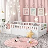 Duxelifin Twin Toddler Floor Bed with High Rails, Wooden Montessori Bed Frame with Light and Storage Shelf, Twin Size Bed Frame for Kids, Boys and Girls, White