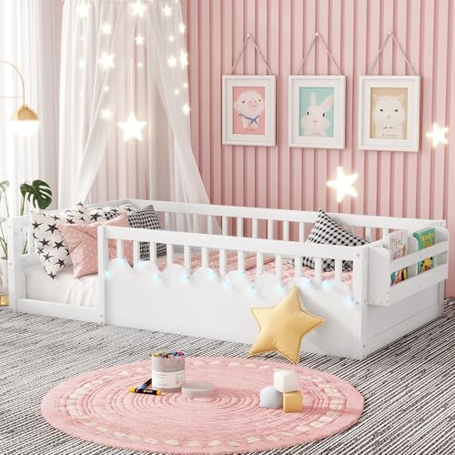 Duxelifin Twin Toddler Floor Bed with High Rails, Wooden Montessori Bed Frame with Light and Storage Shelf, Twin Size Bed Frame for Kids, Boys and Girls, White