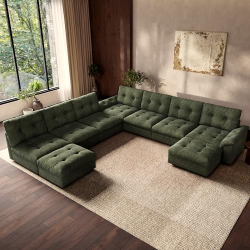 Image of Oversized Modular Sectional Sofa with Storage, Modern Deep Seat Cloud Couch for Living Room, L-Shaped Large Sectional Couch, 7 Seater with 2 Ottomans, Green