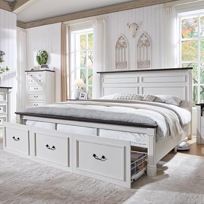 Aitjunz Farmhouse King Size Bed Frame w/51 Tall Headboard, Antique White