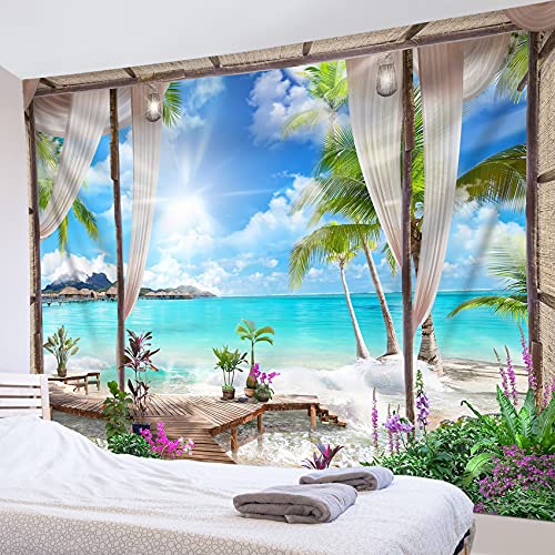 Miniatura 2 de Lb 235x180cm Tapiz De Pared Océano Turquesa Colgar De Pared Playa Tela Pared Paisaje De Isla Tropical Desde El Balcón Tapices Para Sala Dormitorio Decoración Pared
