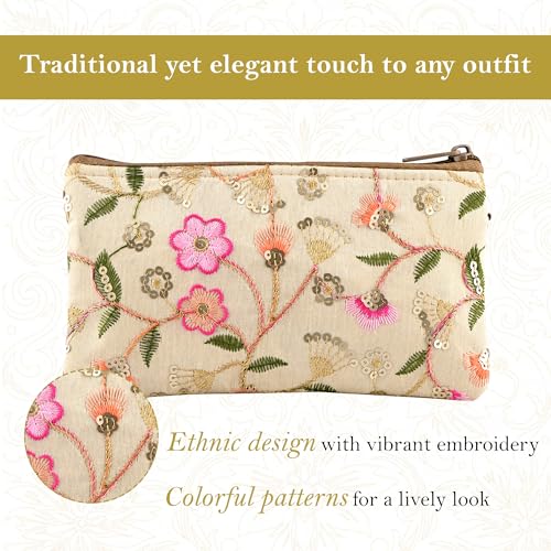 Image of Kuber Industries 3 Pcs Polyester Traditional Hand Purse Ladies with Zip | Embroidery Wallet Purse For Women | Ethnic Pouch for Party Wear | Return Gift for Ladies | New Flower - Cream