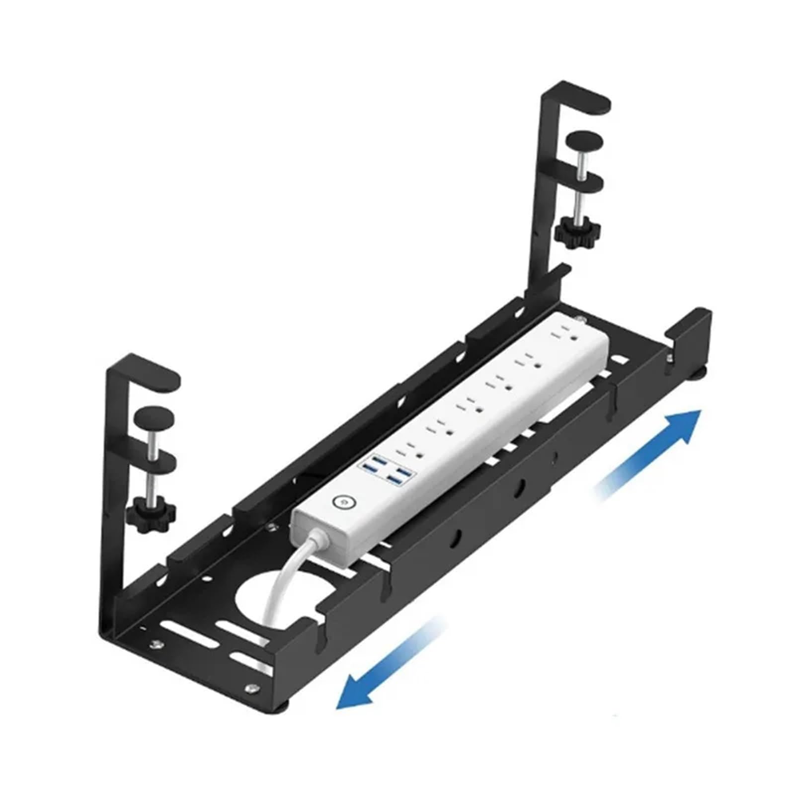 Bandeja Organizadora De Cables Bajo El Escritorio Bandeja de cables Metal extensible debajo del escritorio, sin perforación, con abrazadera, soporte cable regleta retráctil(Black)