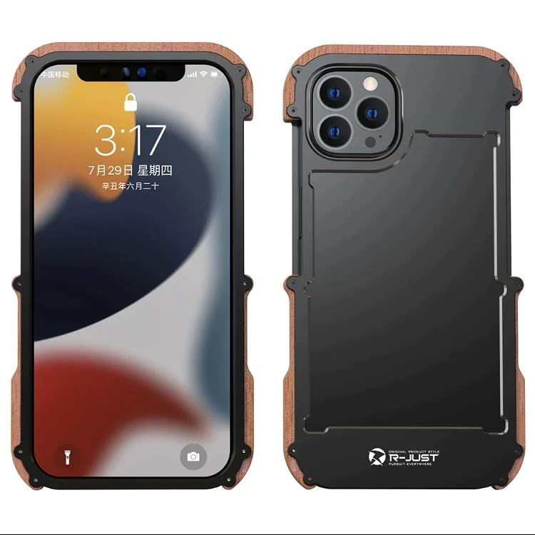 Image of MILLION CASES Back Cover Case for iPhone 15 Pro Shockproof Protective R-Just Aluminium Natural Wood Anti Shock Bumper Case for Men & Boys