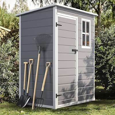DWVO 5x3 FT Outdoor Storage Shed with Reinforced Floor, All-Weather Resin Storage Shed with Window & Lockable Door, Waterproof Plastic Tool Storage for Garden Patio