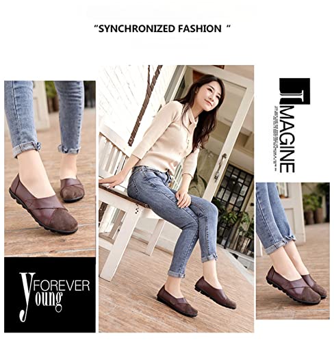 Image of Ladies Leather Slip On Flat Loafers,Low Top Casual Walking Nurse Shoes,Outdoor Versatile Trendy Driving Shoes.