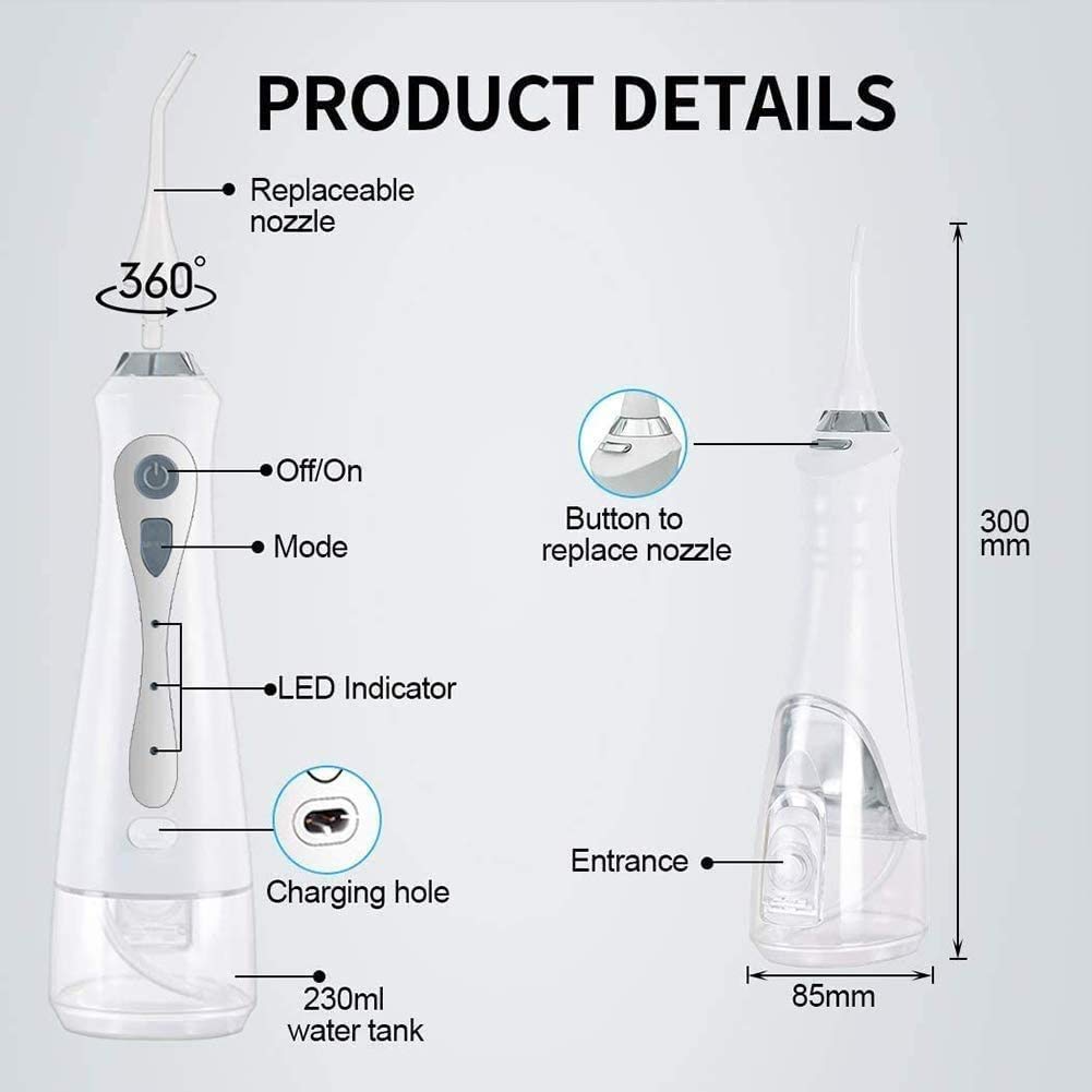 Flosser Water Birdless for i denti, 230ml Irrigatore odontoiatrico professionale da 230 ml, portatile e ricaricabile IPX7 impermeabile potente durata della batteria for la durata della batteria f