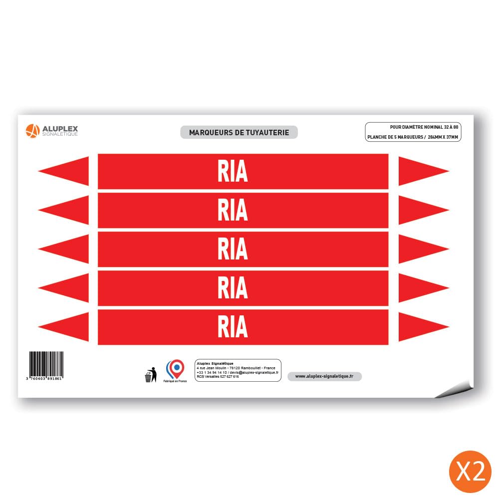 Planche de 10 marqueurs de tuyauterie INCENDIE (Ø DM 32 à 80) pour fluide RIA / 284 x 37mm