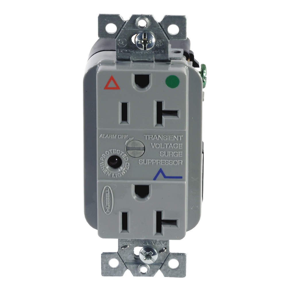Hubbell Wiring Systems IG8362GYSA SpikeShield Circuit Guard Hospital Grade Isolated Ground Surge Suppression Duplex Receptacle with Light and Alarm, 125V AC, 60Hz, 20A, 2 Pole, 3 Wire, Gray