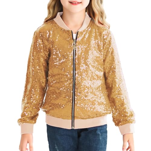 Girls Sequin Bomber Jacket Baseball Jacket Casual Long Sleeve Zip Up Coat