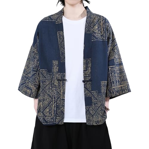 Mens Japanese Kimono Jacket Cotton Kimono Cardigan Print Linen Yukata Coat