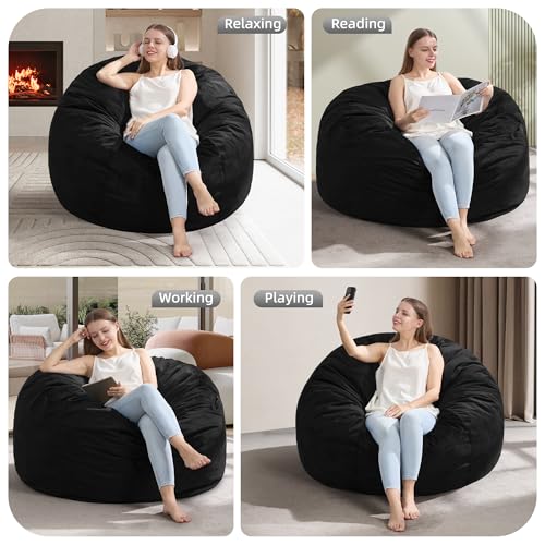 Image of Hobestluk Large Bean Bag Chairs 3FT Big BeanBags for Adults Bedroom Chair | Memory Foam,Removable Cover,Velvet Fabric,Storage Pocket,Handle,Breathable Lounge Chair for Bedroom Study Room | Black 3FT