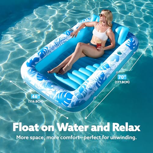 sloosh inflatable tanning pool lounger float 7034 x 4634 pool floats adult with pillow 4 in 1 suntan tub raft floatiesunbathing bed lounge for water blow up kids ball pit party gifts l-blue