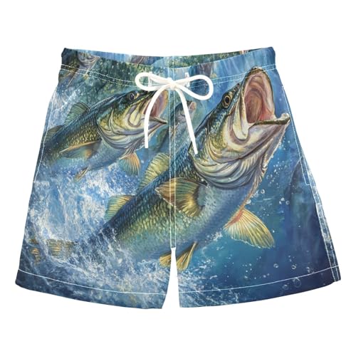Boys Beach Board Shorts Bass Watercolor Fish Swim Trunk Teen Swimwear