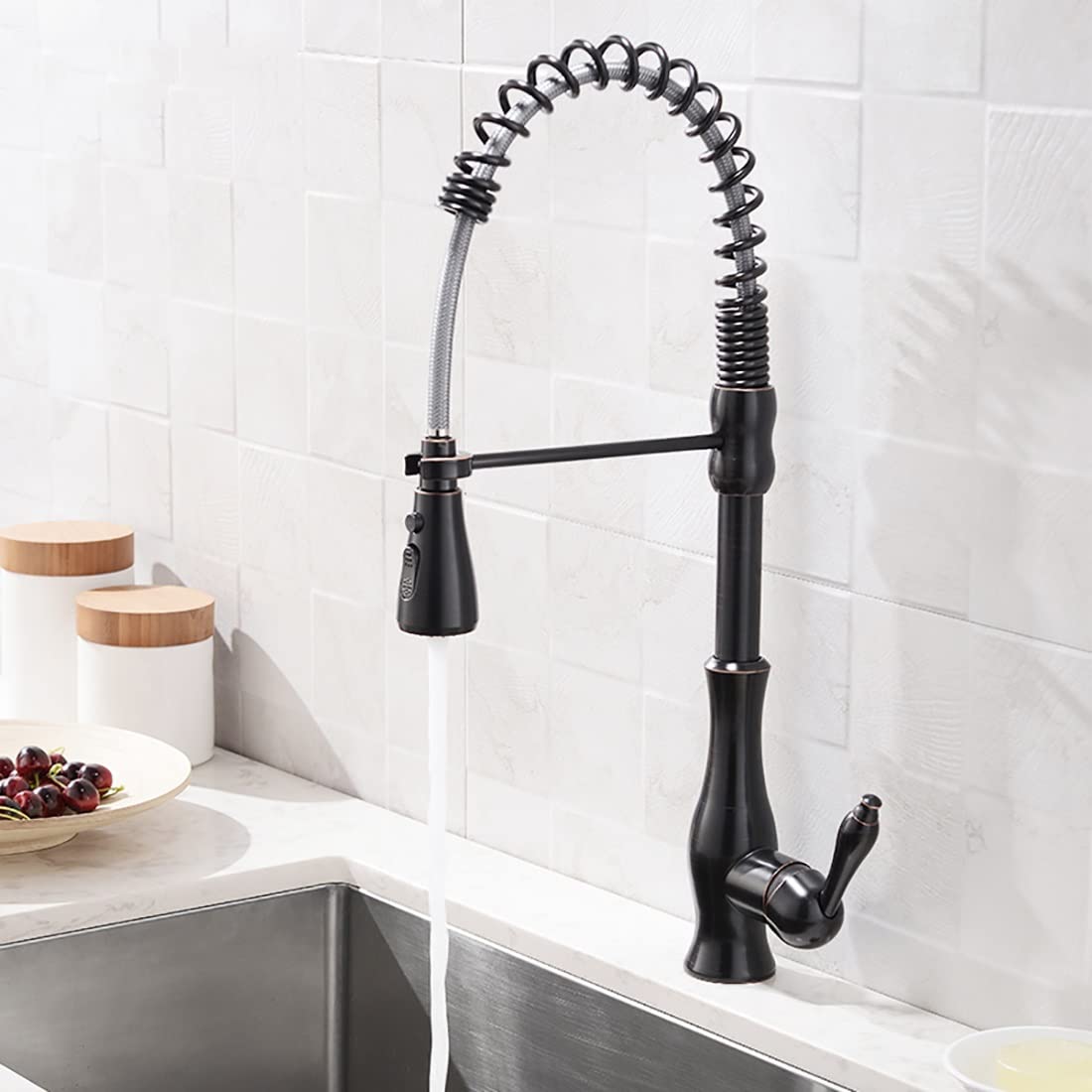 Lmysxaoz Black Bronze Kitchen Sink Faucet For Bar Farmhouse Commercial, Black/Brushed Faucet, Deck Mounted Hot Cold Water Mixer Spring Pull Down Mixer, 2 Function Spout(Black Bronze)