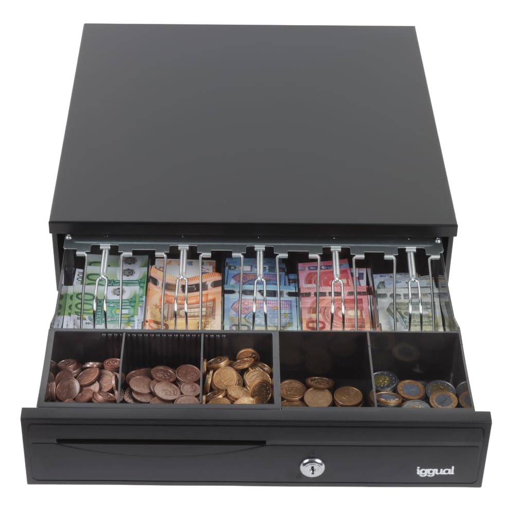 iggual Cajón Portamonedas IRON-30. Caja Efectivo Registradora Manual o Automáticapara 5 Billetes y 5 Monedas. Cerradura 3 Posiciones. Material Acero+Plástico. Uso profesional- Negro (42x40.5x10)
