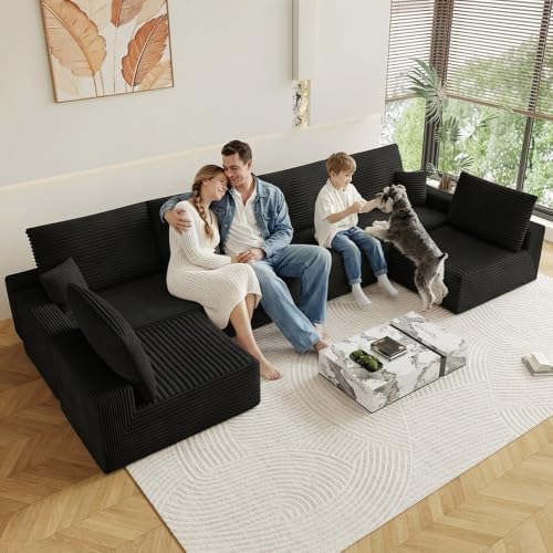 Image of Oversized Modular Sectional Sofa Couch, Large 6 Seater Corner Sofa Modern U Shaped Sectional Couch Cloud Couches for Living Room, Office, Spacious Space, Corduroy, No Assembly Required, Black