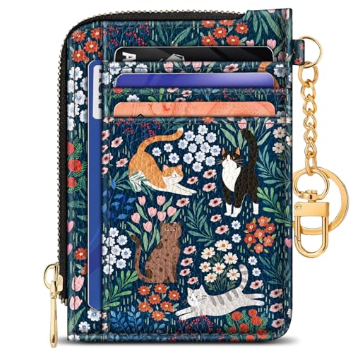 Image of Giancomics Slim Wallet Credit Card Holder Women, Cute Cats Flowers Rfid Blocking Small Card Case, Keychain Thin Pocket Curved Zipper Wallet, Travel Card Holder PU Leather ID Window, Ladies Female Gift