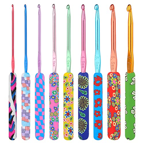 Aeelike Crochet Hook Set - Premium Soft Grip Floral Crochet Hooks with Ergonomic Polymer Clay Handle 9 Sizes (2mm 2.5mm 3mm 3.5mm 4mm 4.5mm 5mm 5.5mm 6mm), Metal Aluminum Crochet Needles for Beginners