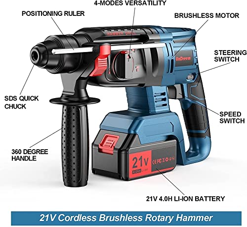 Bogseth Akku Bohrhammer, 21V 4000mAh SDS-Plus Bohrhammer 4 in 1 Funktionen Mit Bohrfutter, 2 Meißel, 2 Akku Geeignet für… – Bild 3