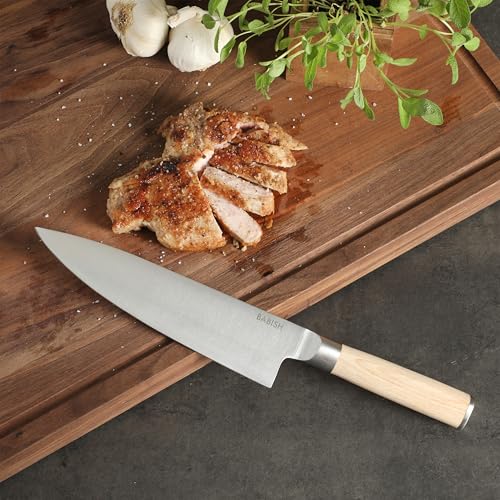 Image of Babish 8-Inch Chef Knife - High-Carbon 1.4116 German Steel Kitchen Knife with Light Pakka Wood Handle, Full-Tang Razor Sharp Chef's Blade for Chopping, Slicing, Dicing & Everyday Prep