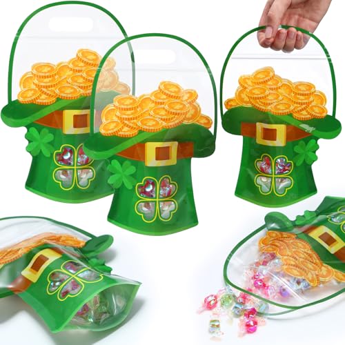 Spakon St. Patrick's Day Plastic Candy Bags with Handles 10.1 x 7.3 Inch Clear Clover Green Hat Sealing Pouches for Snacks Trick or Treat Goodie Gift Bags for Irish Party Favor Decoration by Spakon - Used condition - US$15.04