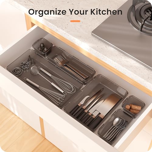 Image of A-LuGei 【Military Grade Drawer Organizer, 【𝟱𝗦𝗶𝘇𝗲】 Makeup organizer, 【Holds 177 Items】 Bathroom Organizers and Storage, Organization and Storage, Desk Drawer Organizer for Vanity (Clear Black)