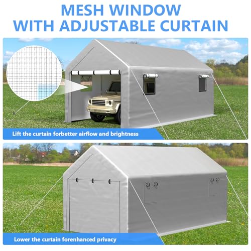 Carport 10x20 ft Heavy Duty with Roll-up Windows, Portable Garage with Removable Sidewalls & Doors, Car Canopy with Sandbags All-Season Tarp for Car Boat Truck Motorcycle