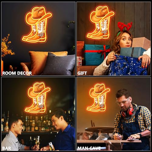 Image of Cowboy Boot with Hat Neon Signs for Wall Decor, Western Cowboy LED Sign Light Up, Dimmable Neon Light for Game Room Man Cave Bedroom Bar Party Birthday Gifts