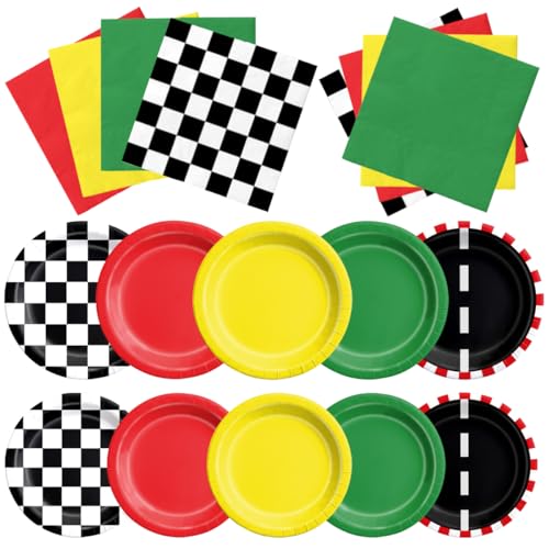 Image of CMUSKO Race Car Birthday Party Decorations - 60Pcs Traffic Light Plates & Napkins Kit Road Checkered Flag Tableware for Boy Party Supplies