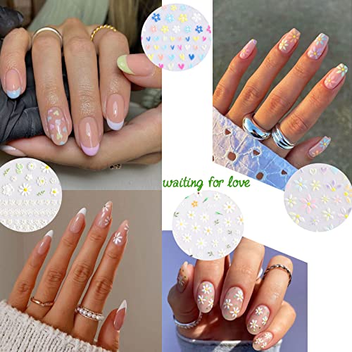Flower Nail Art Stickers 5D Embossed Nail Decals Spring Daisy Nail Art Supplies Self-Adhesive Nail Accessories White Yellow Colorful Flower Nail Stickers For Women Nail Decorations Design #TOP1