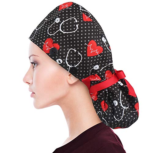 ABAMERICA Scrub Caps for Women Surgical Caps Nurse Hat Functional Ponytail Holder for Long Hair Single or Satin-Lined D04- Stethoscope Red