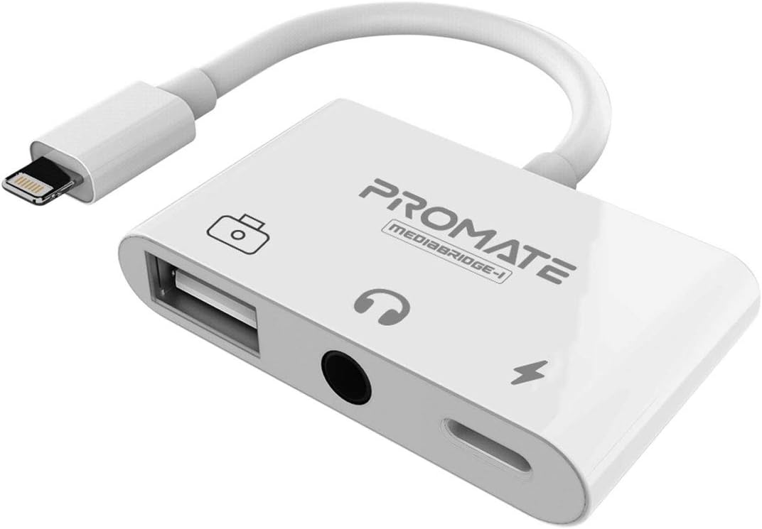 Promate Lightning Hub, 3-In-1 Lightning to 3.5mm Headphone Audio, USB Camera Female OTG Adapter Cable with 2A Fast Charging Port Adapter for iPhone XS, XS MAX, iPad Pro, iPod, MediaBridge-I White