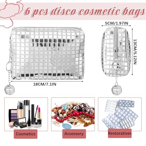 6 Pack Large Capacity Disco Cosmetic Bags Portable Silver Glitter Sequin Makeup Organizer with Zipper Disco Ball Rectangular Quilted for Bachelorette New Years Eve, 70s, 80s, 90s Party Favors2