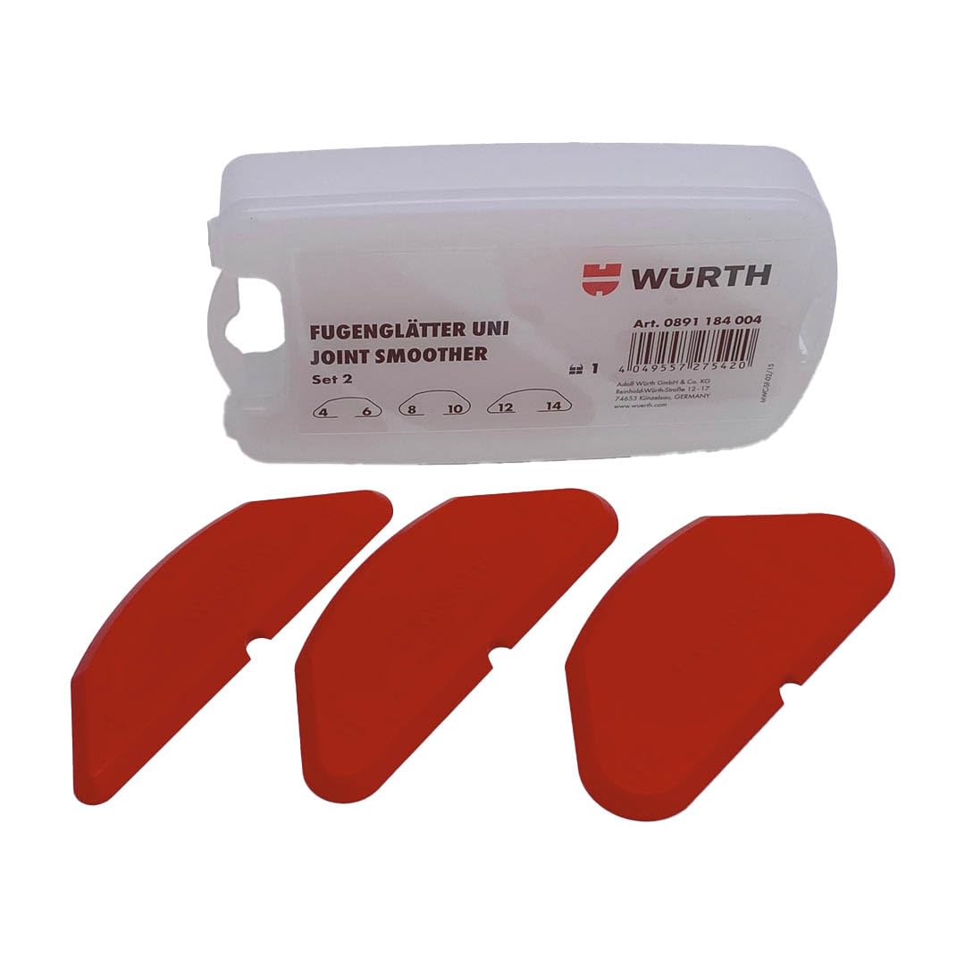 Würth Fugenglätter Uni Set Nr.2 RADIUS mit 3x Fugen Abzieher mit 6 Radien Gummi Silikon in praktischer Aufbewahrungsbox 0891184004