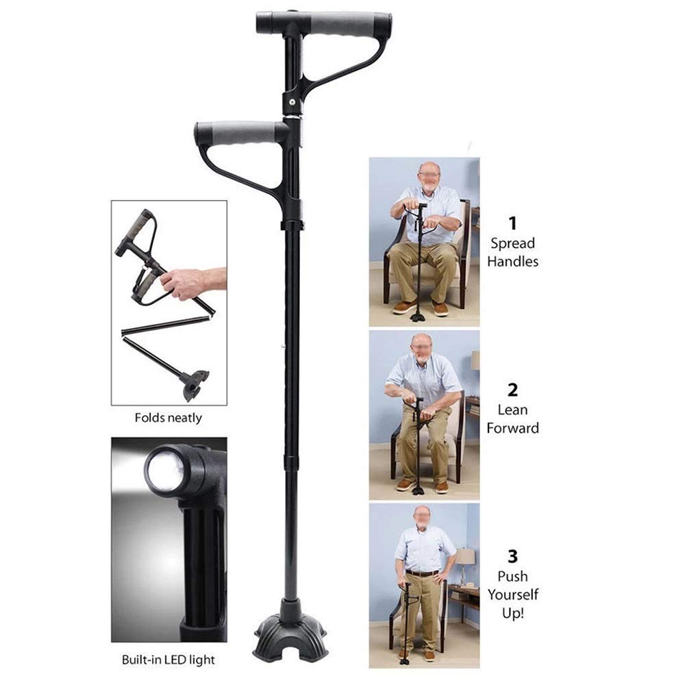 Bastón para Caminar, muleta, Altura Plegable, Ajustable, portátil, bastón de Cuatro Patas, Mango Doble multifunción con luz LED para Hombres y Mujeres Present
