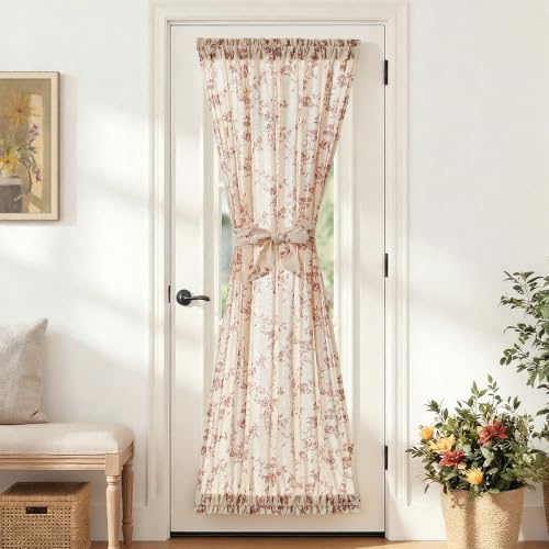 Image of jinchan Terracotta Linen French Door Curtain 72 Inch Rod Pocket 1 Panel | Light filtering, farmhouse fresh floral print, a tieback included, full length door panels for patio door, sliding glass door