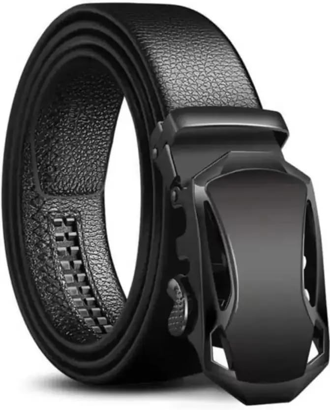 Image of TPM Men's Leather Belt with Automatic Buckle, Black, Ratchet Design, Formal Business Casual Style