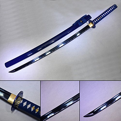 JZSWORDS Blue Katana Sword, Fully Handmade Real Japanese Sword Carbon Steel Samurai Swords