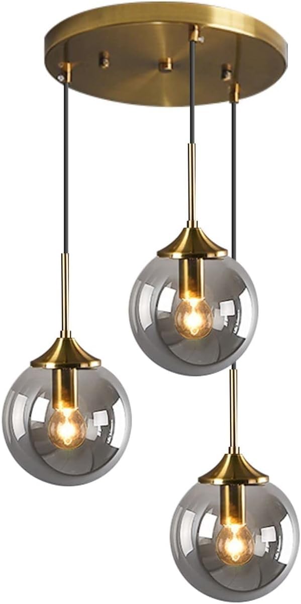 Żyrandol w stylu vintage, lampa wisząca, 3 światła, globus, szklany klosz, regulowane nowoczesne oświetlenie na wyspę kuchenną, klatkę schodową, do jadalni, przedpokoju, salonu, sypialni, złote