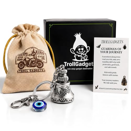 Image of TrollGadgets Premium Guardian Bell Keychain for Bike & Car | Tibetan Texture Bell Keychain with Evil Eye & Silver Hook | Good Luck Charm with Laser-Engraved Box And Potley