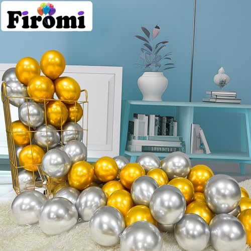 Image of Firomi Metallic Chrome Gold Balloons 5-inch 100 Pack (with 2 Ribbons) | Helium Small-Medium Shiny Round Gold Thicken Latex Balloon for Wedding Birthday Party