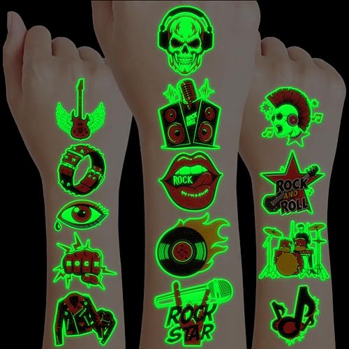 Image of Glow in the Dark Rock and Roll Temporary Tattoos for Kids, 96 PCS Pre-Cut | Luminous Super Cute Themed Birthday Party Favors Supplies Decorations, Music Fake Tattoos Gifts for Boys Girls