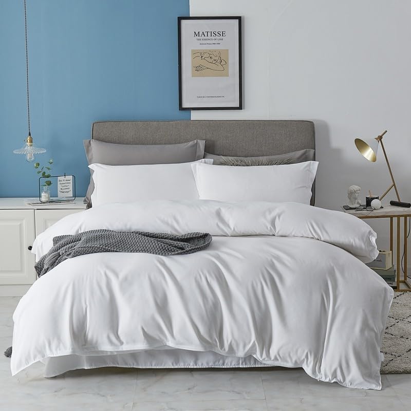 Premium Quality Cotton Fiber Duvet Cover Set With Pillowcases, Luxury Ultra Soft Breathable Zipper Closure Quilt Comforter Cover 600TC Wrinkle & Stain Resistant Bedding Set, (White-Single)