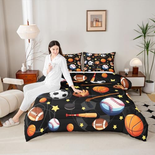 Image of Feelyou Soccer Basketball Comforter Set Queen Size Football Baseball Hockey Bedding Set for Kids Boys Girls Gaming Sports Black Duvet Quilt Bedroom Decor Microfiber 3 Pcs with 2 Pillow Cases
