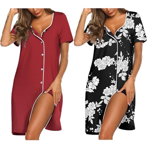 Image of Ekouaer Nightgowns for Women 2 Pack Button Down Sleepshirt Short Sleeve Nightshirt Soft Sleepwear V Neck Pajama Dress