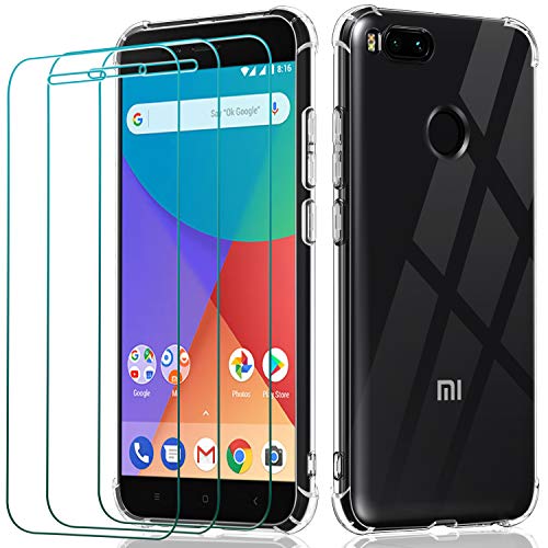 ivoler Funda para Xiaomi Mi A1 + 3 Unidades Cristal Vidrio Templado Protector de Pantalla, Ultra Fina Silicona Transparente TPU Carcasa Airbag Anti-Choque Anti-arañazos Caso
