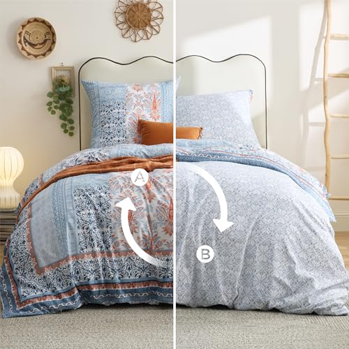 Parure de lit 220x240 coton imprimé bohème bleu Bedsure - 8