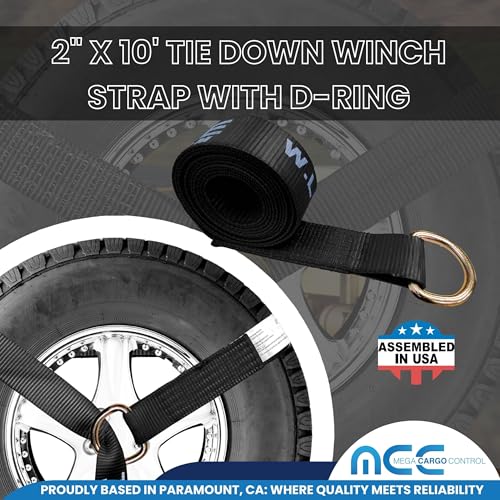 Image of Mega Cargo Control 2 inch x 10' D-Ring Lasso Strap & Recovery Auto Tie Down for Wheel Lift, Trailer, Tow Truck (4 - Pack)